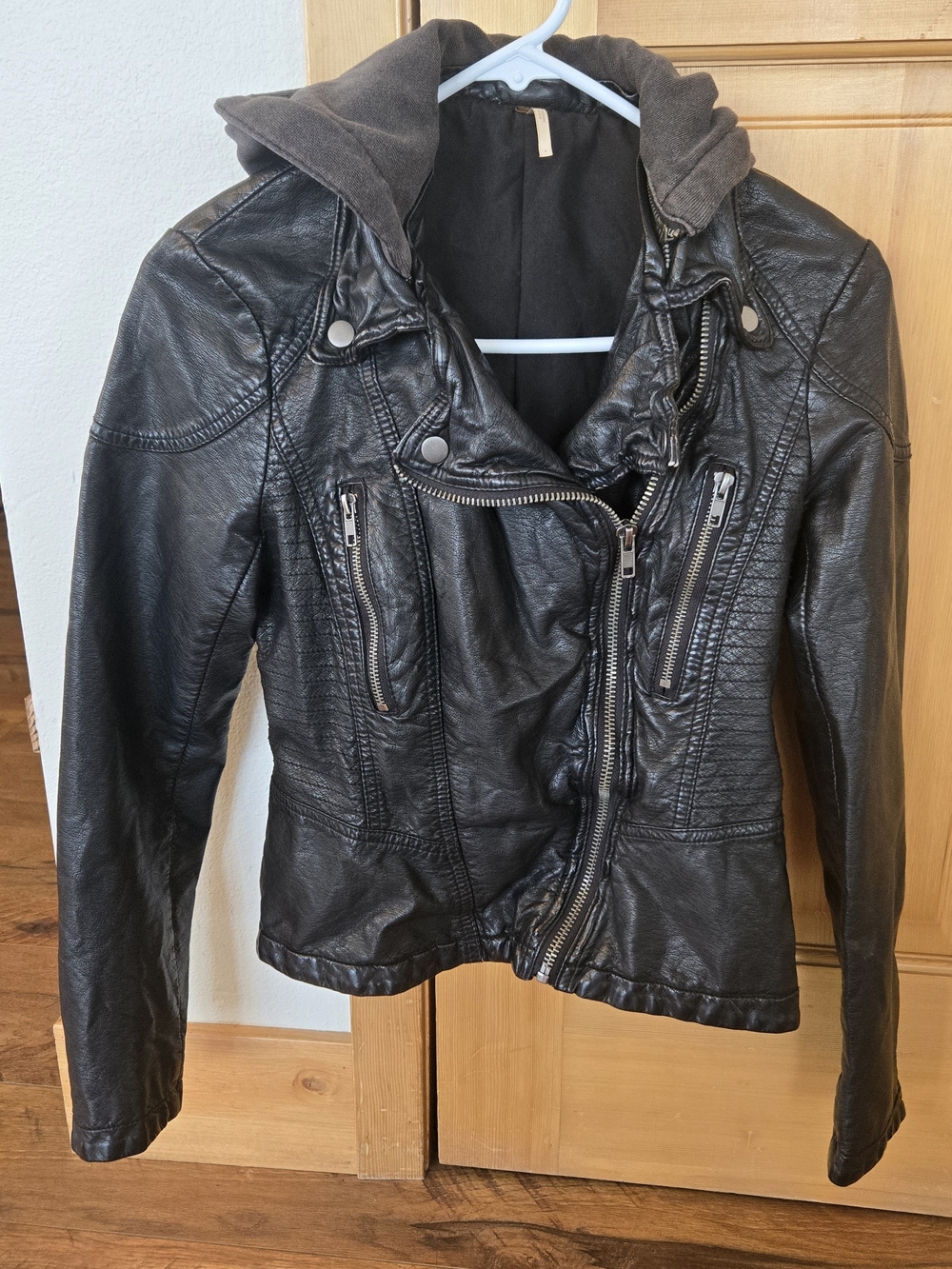 FREE PEOPLE Black Faux Leather Moto Jacket with Removable Hood